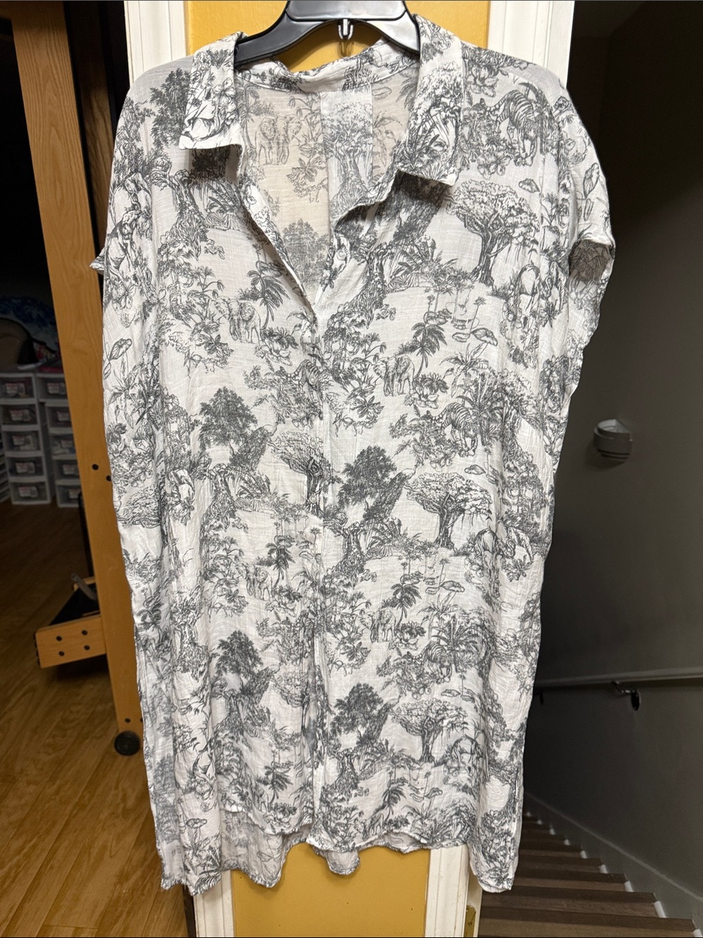 Safari Toile Print Open Front Kimono Cardigan Rayon Cover Up Black White